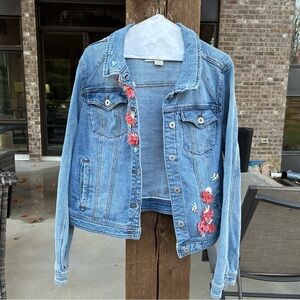 Pilcro and the Letterpress Blue Denim Jacket with Floral Embroidery